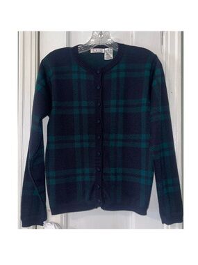 Talbots Navy and Green Plaid Button-Front Cardigan